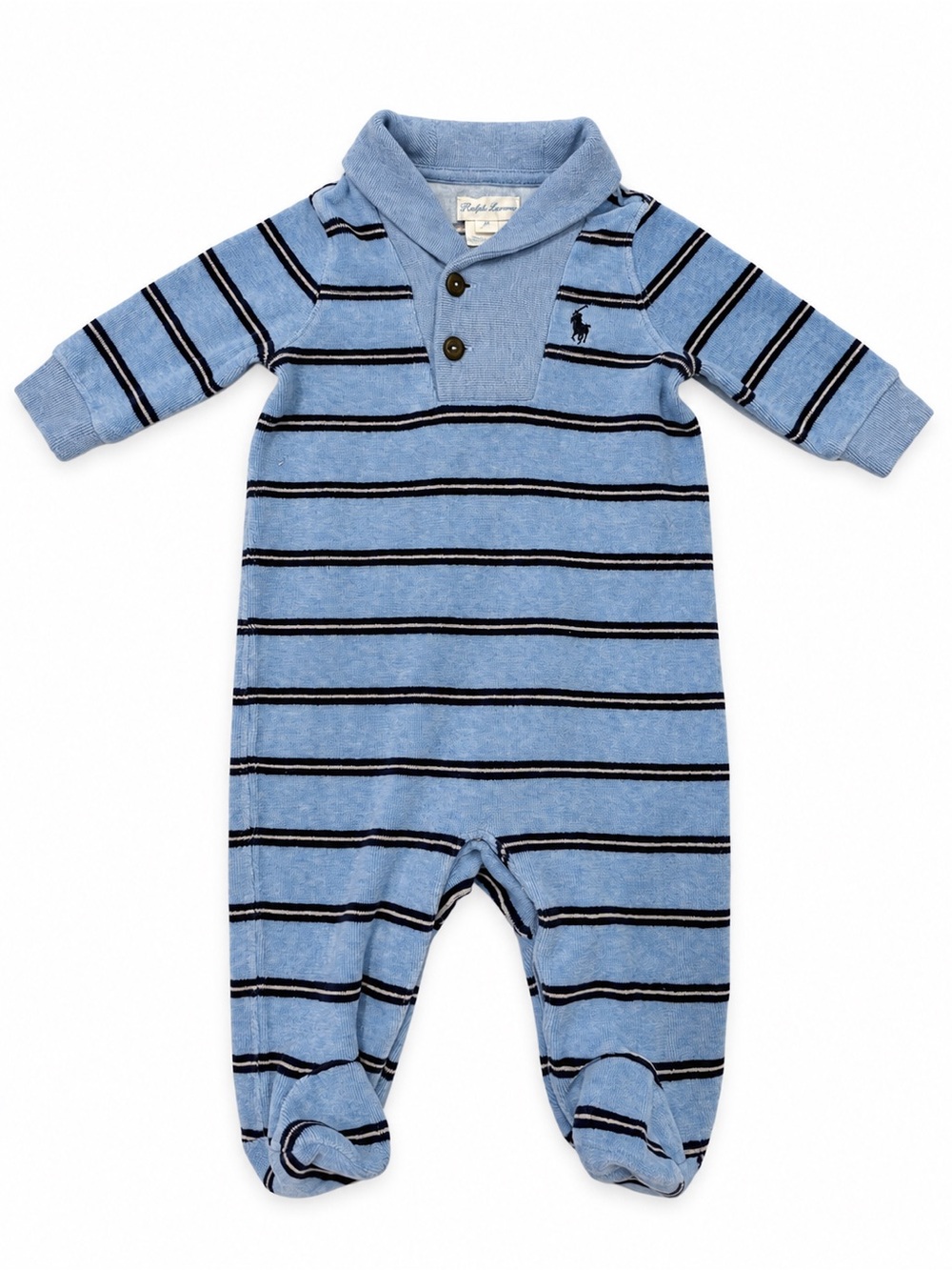 Ralph Lauren 3M Light Blue Striped Velour Footed Romper